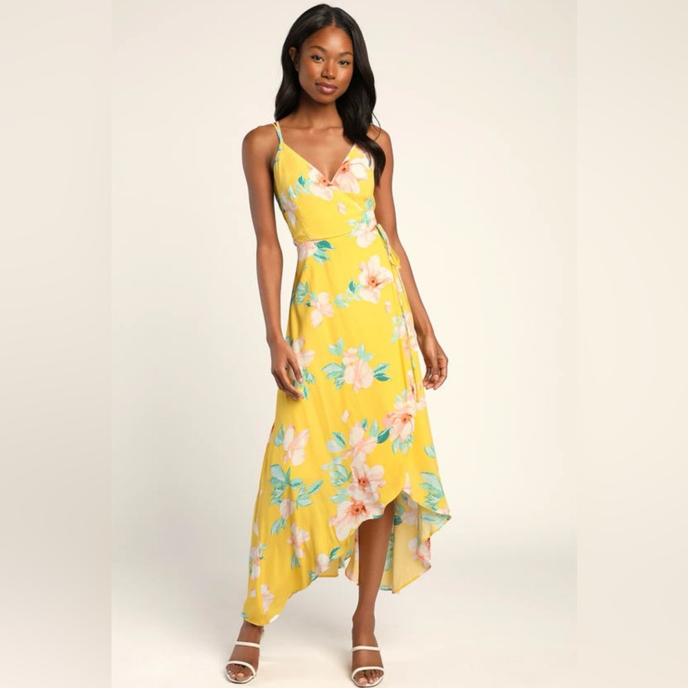 NWT Lulus Blooming Bright Yellow Floral Print
High-Low Wrap Midi Dress (Size XS)